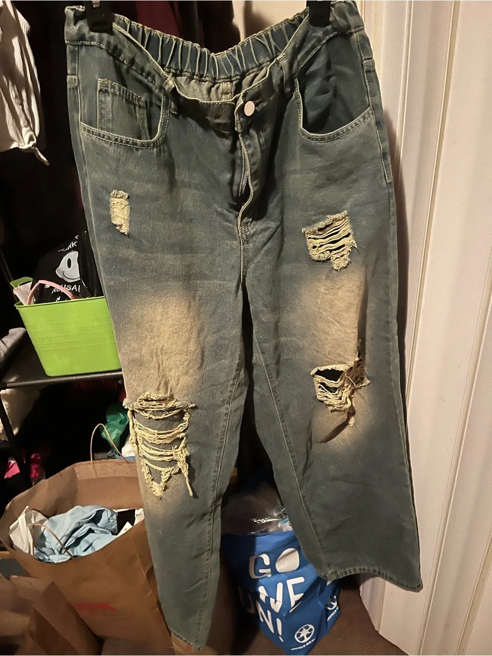 Men's Distressed Washed Blue Jeans - Elastic Waist Casual Fit